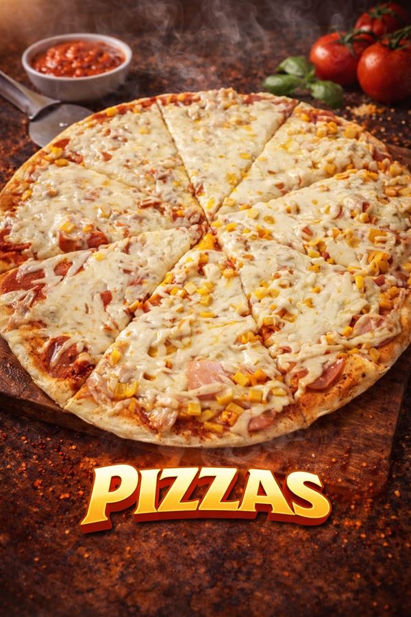 Pizza con queso gratinado, jamón y maíz