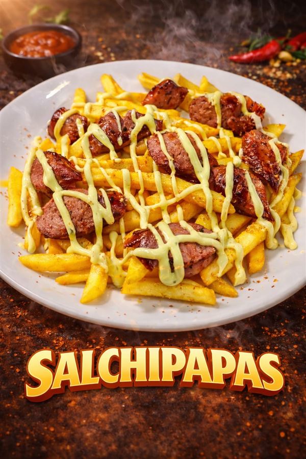 Salchipapa con salsa de la casa